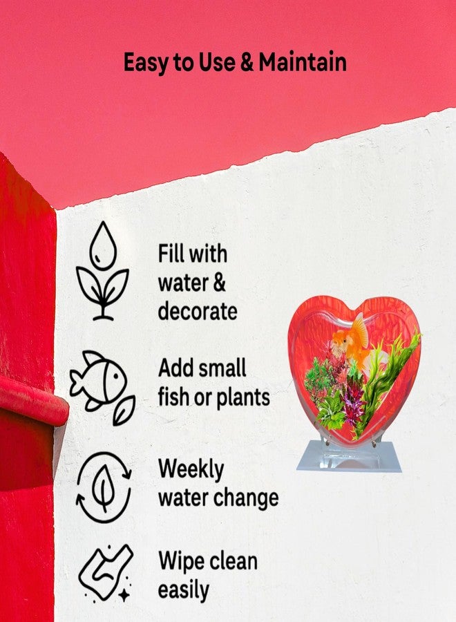 حوض سمك على شكل قلب أحمر مقاس 9 بوصات يُعلق على الحائط - مع حامل | حوض أسماك عصري للمنزل والمكتب والمقهى | تصميم موفر للمساحة | حوض سمك أنيق وحوض نباتات | تصميم صغير الحجم - Image 5